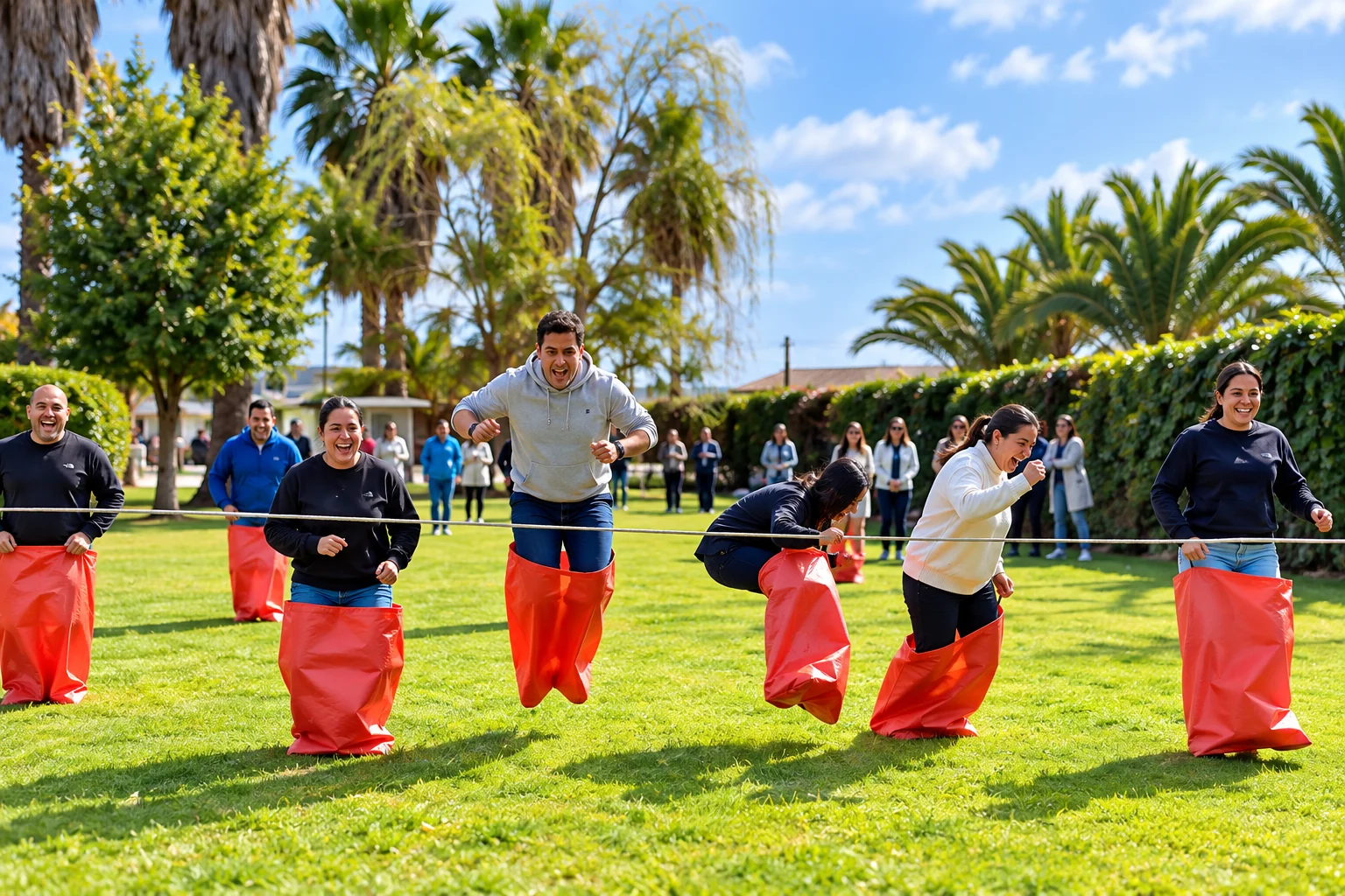 Equipo participando en una carrera en sacos durante una jornada de Fiestas Patrias para empresas en Palmas de Malloco